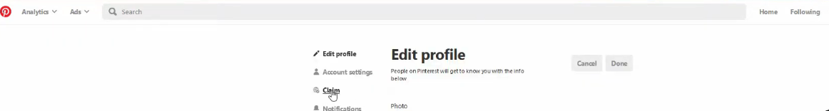 Navigate to pintrest claim account settings