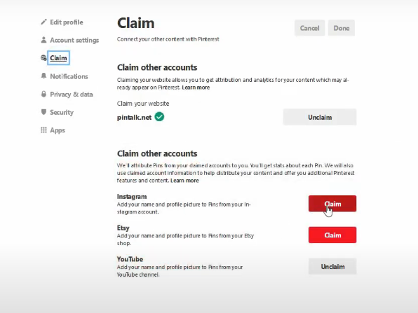 Claim settings on Pinterest