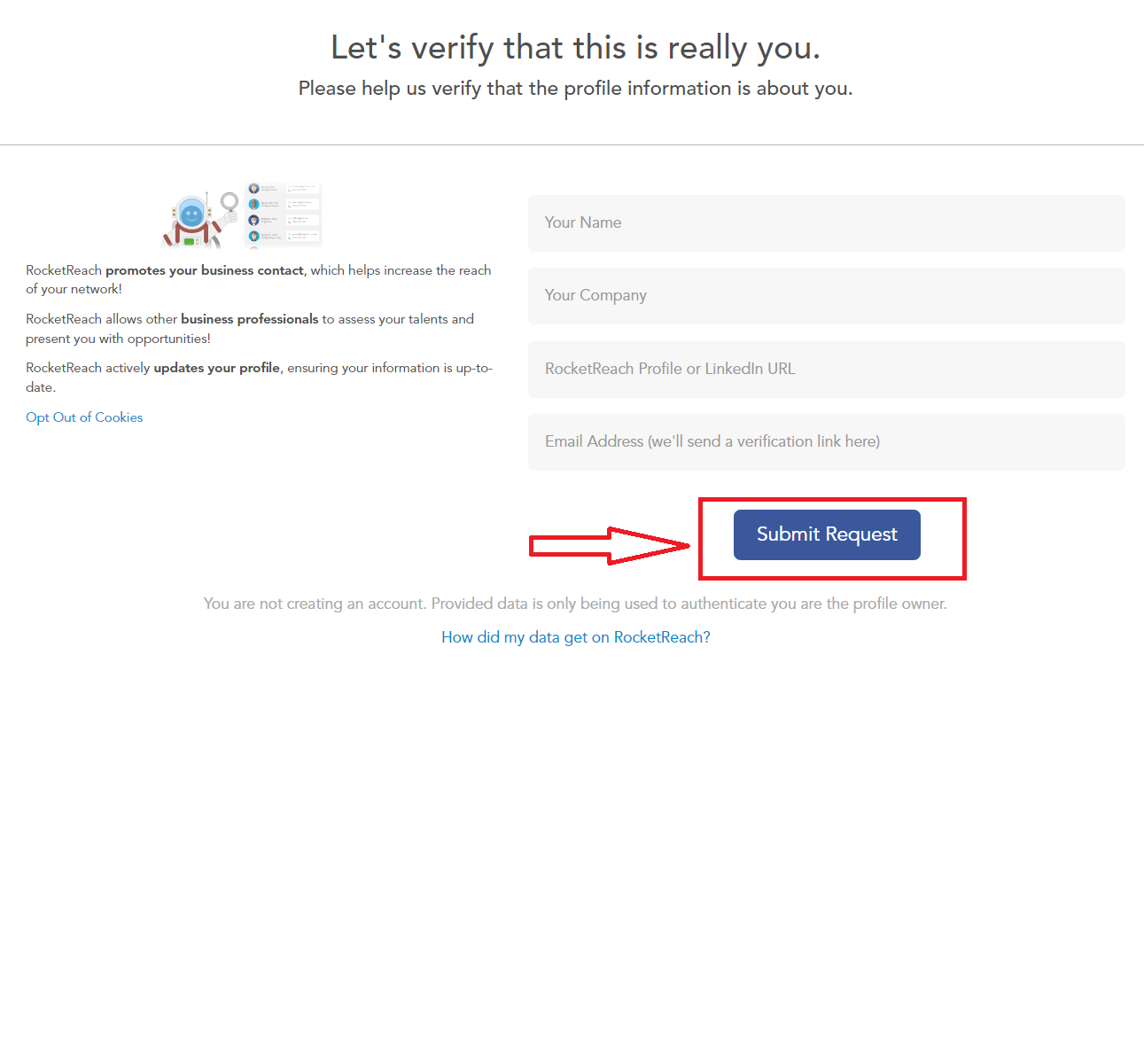 RocketReach Opt Out verify information