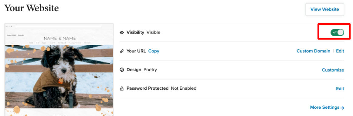 go to your Manage Website dashboard and click on the toggle button next to the Visibility section