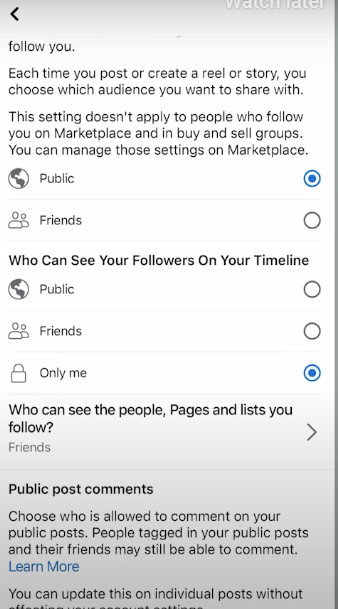 to hide the people you follow in the Facebook app, select the Only Me option