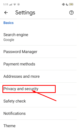 Click on Security and Privacy 