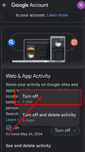 turn off the web and app activity 