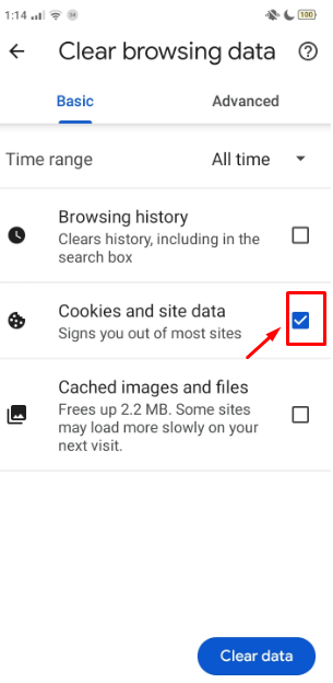 Select Cookies and other site data