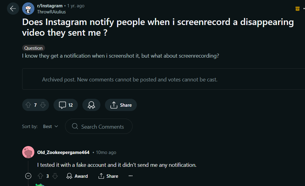 reddit thread about instagram screen recording