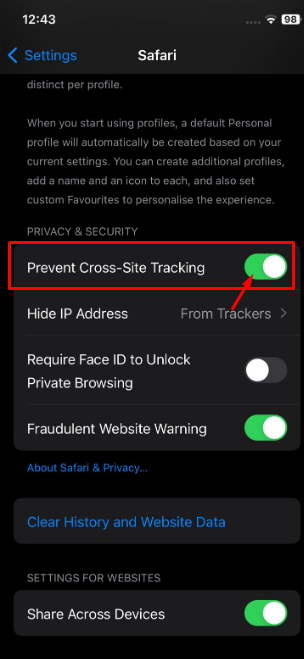 turn off the Prevent Cross-Site Tracking 