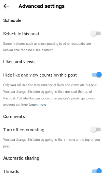 toggle the “Hide likes and view counts on this post” button to the right