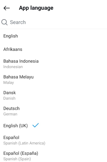 Select the language and area you wish to switch 