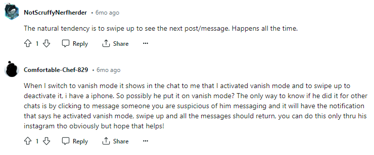 Rddit thread about instagram vanish mode