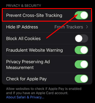 Turn on Prevent Cross-Site Tracking 