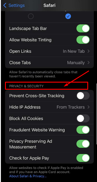 Scroll down to Privacy and Security tap