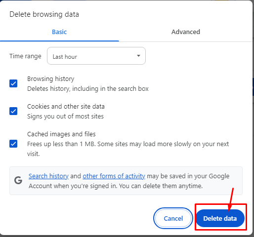 "Delete data" should be clicked