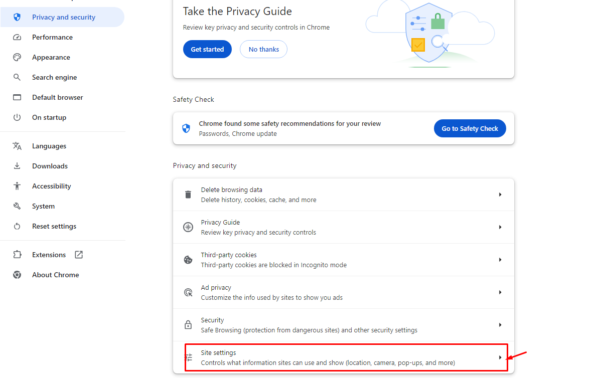 Select "Cookies and other site data"