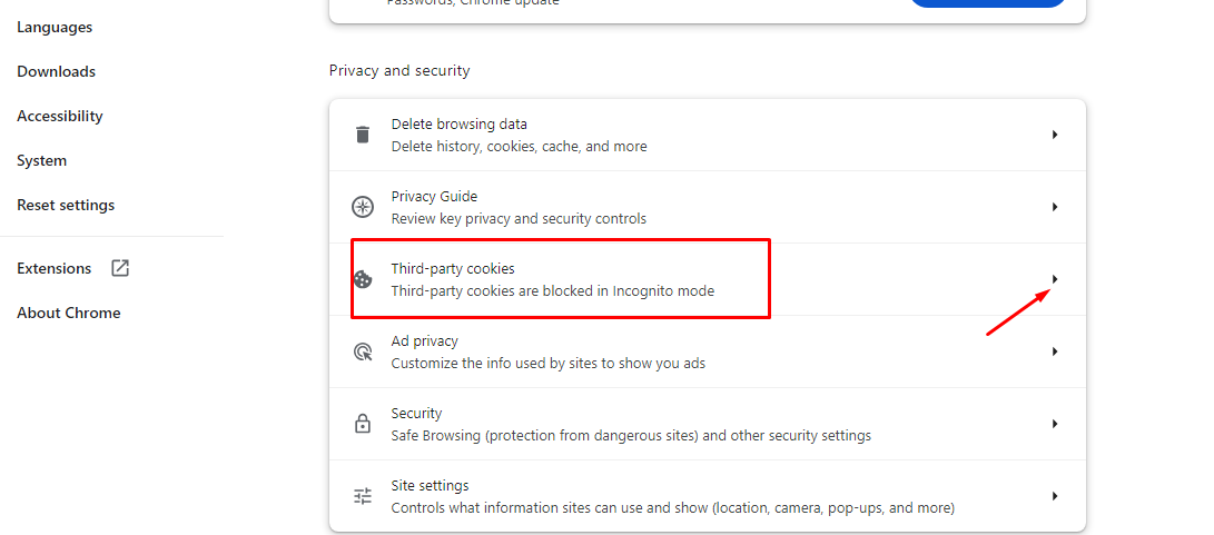 Select “ third-party cookies.”