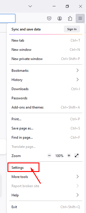 In Firefox, go to “Settings”