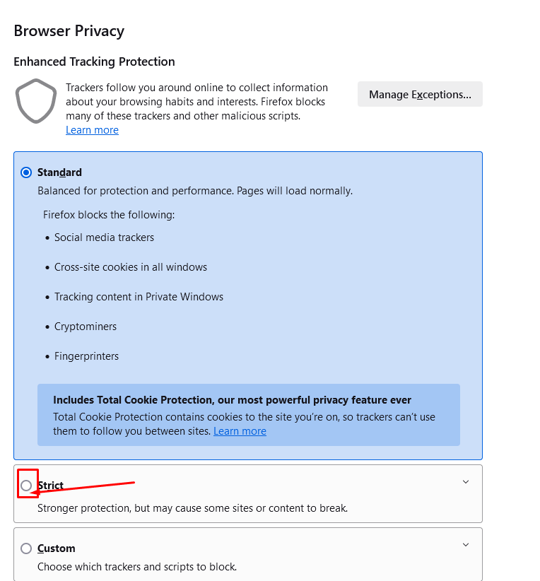 Choose "Strict" under "Enhanced Tracking Protection."