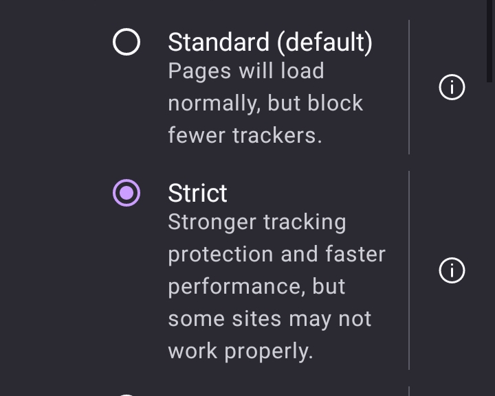 Choose the Strict option to block cookies from trackers 