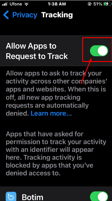 Toggle off "Allow Apps to Request to Track" 