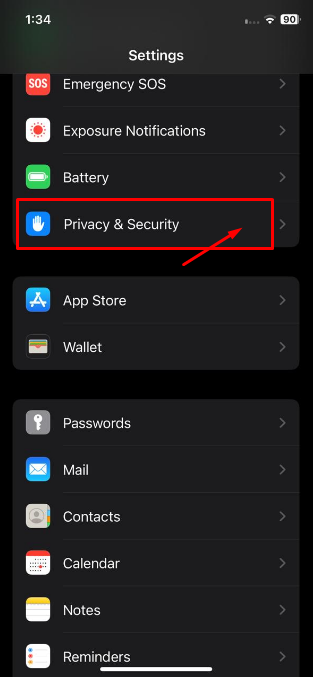 Go to Settings > Privacy & Security 