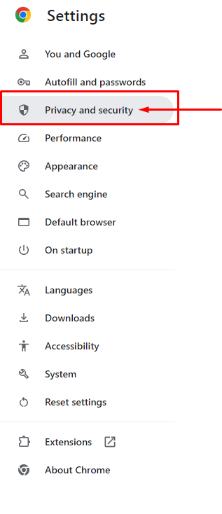 Privacy and security option on chrome setting