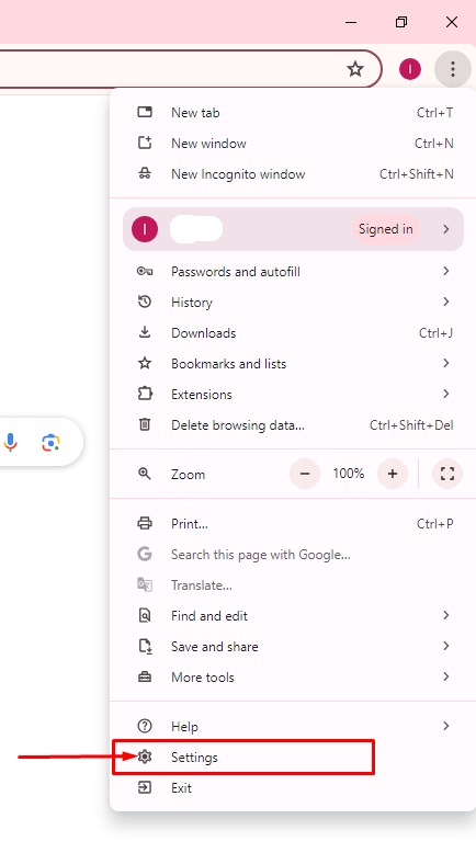 Settings on google chrome