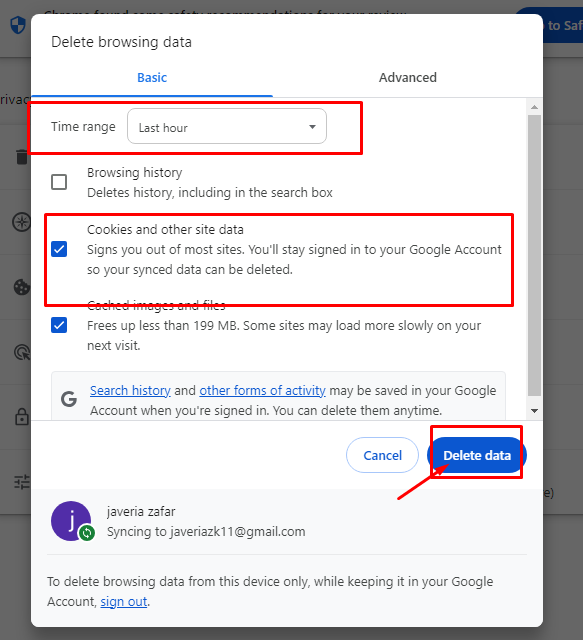 choose a time range and select “Cookies and site data” 