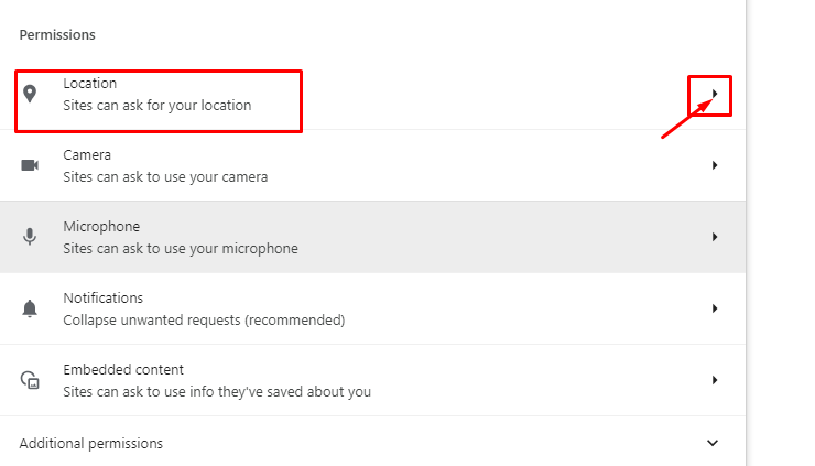 Select Location from the list of Permissions