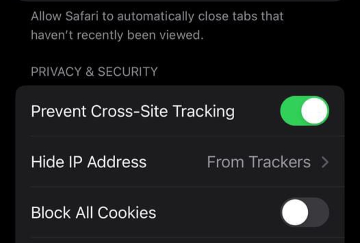 In the "Privacy & Security" section, turn on "Prevent Cross-Site Tracking" 