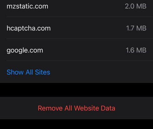 Tap "Remove All Website Data" to clear all stored data