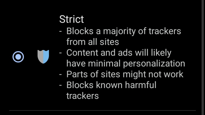 Choose “Strict” to block most trackers